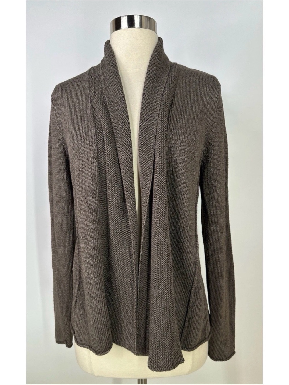 Eileen Fisher silk rayon Open-Front Shawl Collar Knit Cardigan - Brown